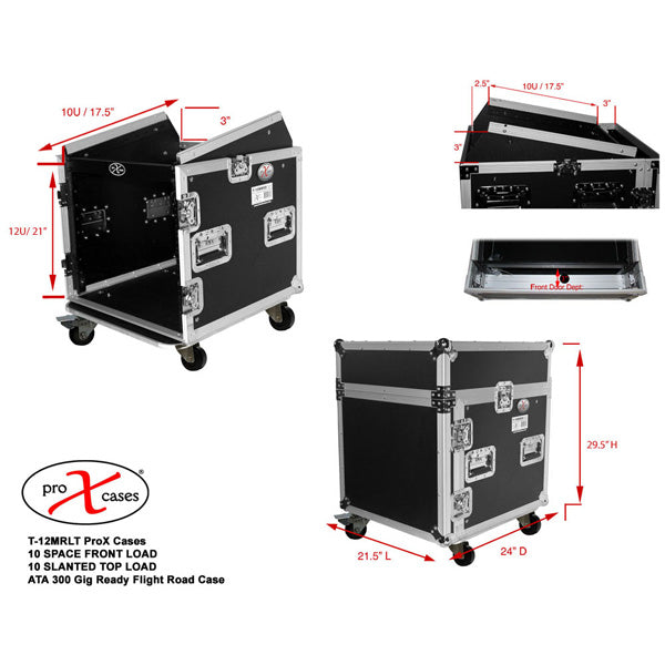 ProX T-12MRLT 12U Rack Front load x 10U Top Mixer DJ Combo Flight Case w/ Laptop Shelf & Casters