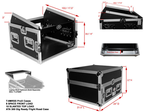 ProX Flight Case DJ Combo 8U Rack x 10U Top Mixer w/ Laptop Shelf